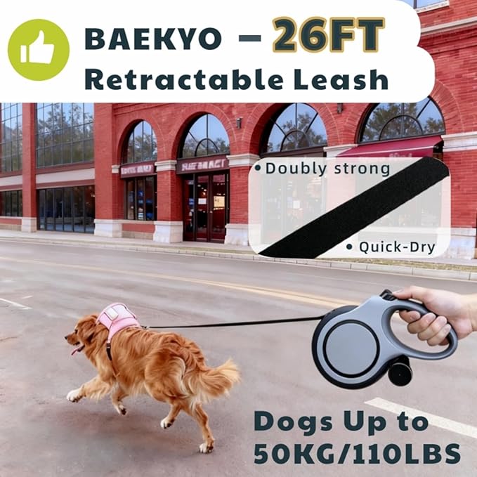 26ft Retractable Dog Leash for Large Dogs with Poop Bag Holder,Heavy Duty Retractable Dog Leash with Chew Proof Extender,One-Hand Lock System,Impact-Resistant,Up to 110 lbs (Grey)