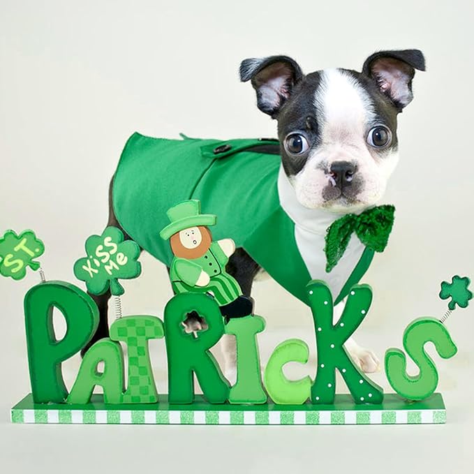 Kuoser St. Patrick's Day Tuxedo Suit and Bandana Set, Wedding Party Suit, Prince Bow Tie Shirt Formal Attire for Large and Medium Dogs, Golden Retriever Samo Bulldogs