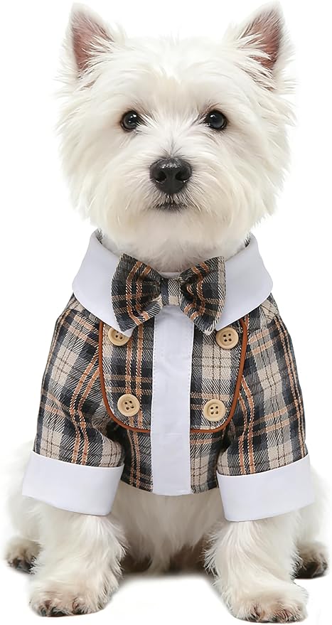 GabeFish Pets Wedding Jackets Suit for Dogs with Bow Tie Puppy Cat Formal Clothes Shirt Tuxedo (Coffee, S (Chest 12.9in/33cm))