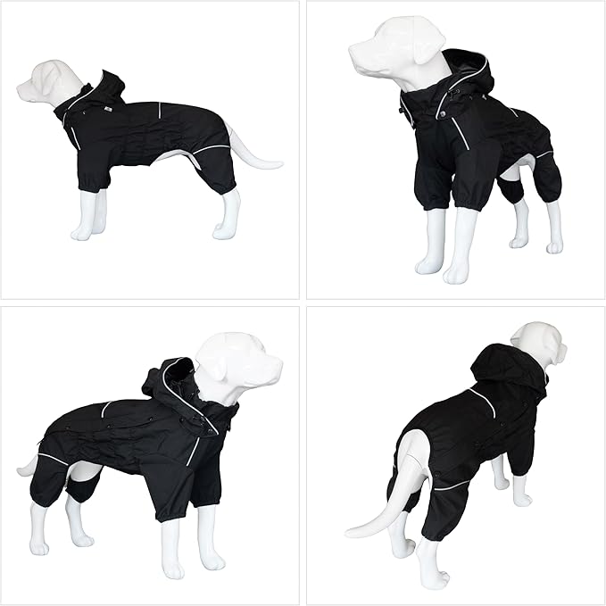 LOVELONGLONG Waterproof Dog Raincoat with Removable Hood – Outdoor Full Body Dog Jacket, Windproof Snowproof Shell Suit – All Season Pet Rain Gear Black 4XL