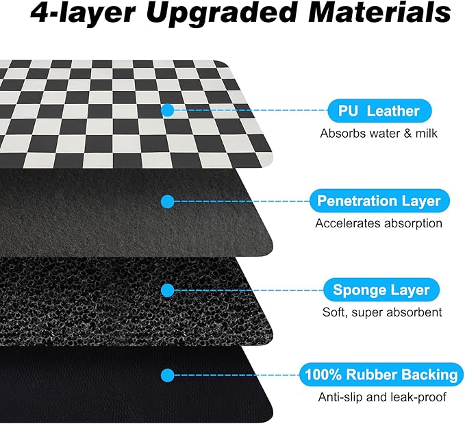 CooRug Checkered Dog Food Mat, Absorbent Leak-Proof Pet Feeding Mat, Quick Dry Cat Food Mat for Messy Drinkers 12" x 20" Black