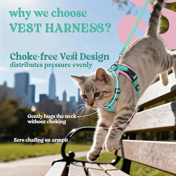 rabbitgoo Cat Harness and Leash Set, Escape Proof Vest Harness for Safe Outdoor Walks, Soft Breathable Adjustable Vest with Reflective Strips for Small and Average Cats, Green & Pink, S