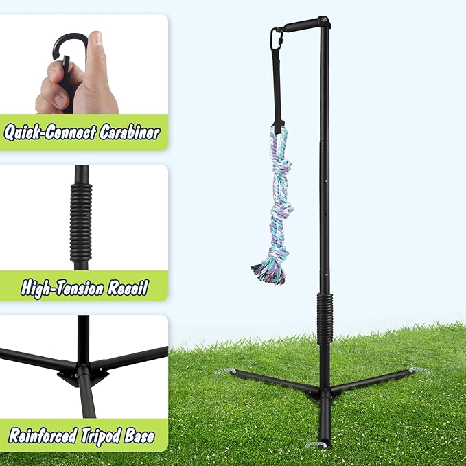 Tether Outdoor Dog Rope Toy with Reinforced Tripod Spring Pole Base - Heavy Duty Interactive Tether Tug Toy for Backyard Solo Play - Adjustable Spring Pole Rope System for Large Medium Small Dogs