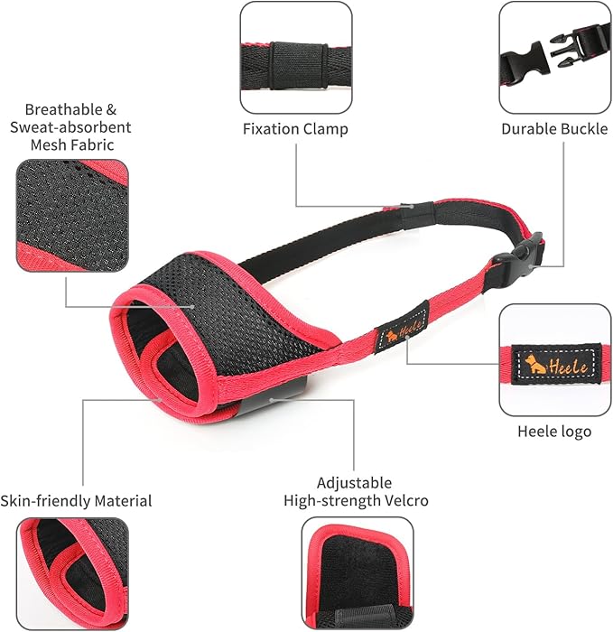 HEELE Dog Muzzle,Soft Nylon Muzzle Anti Biting Barking Chewing,Air Mesh Breathable Drinkable Adjustable Loop Pets Muzzle for Small Medium Large Dogs 4 Colors 4 Sizes (Red, S)