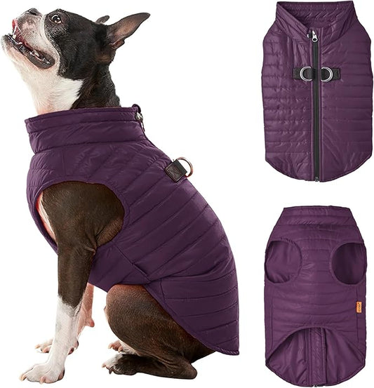 Gooby Puffer Vest - Grape, Large - Ultra Thin Zip Up Windbreaker with Dual D Ring Leash - Water Resistant Dog Sweater Coat for Small Dogs