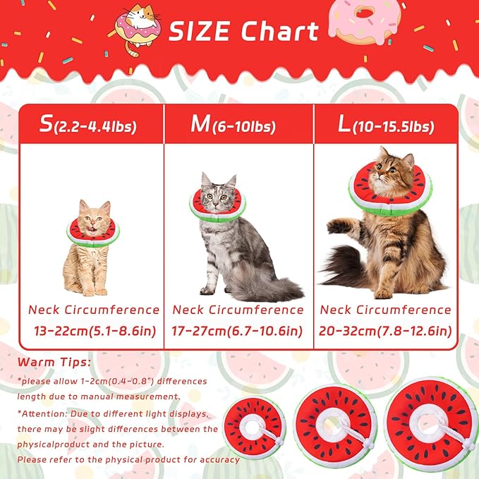 Seyezo Cat Cone Collar Soft, Adjustable Cat Recovery Collars Kitten Cones to Stop Licking, Cute Donut E Collar After Surgery, Protective Elizabethan Collar for Kittens (Watermelon, Large)