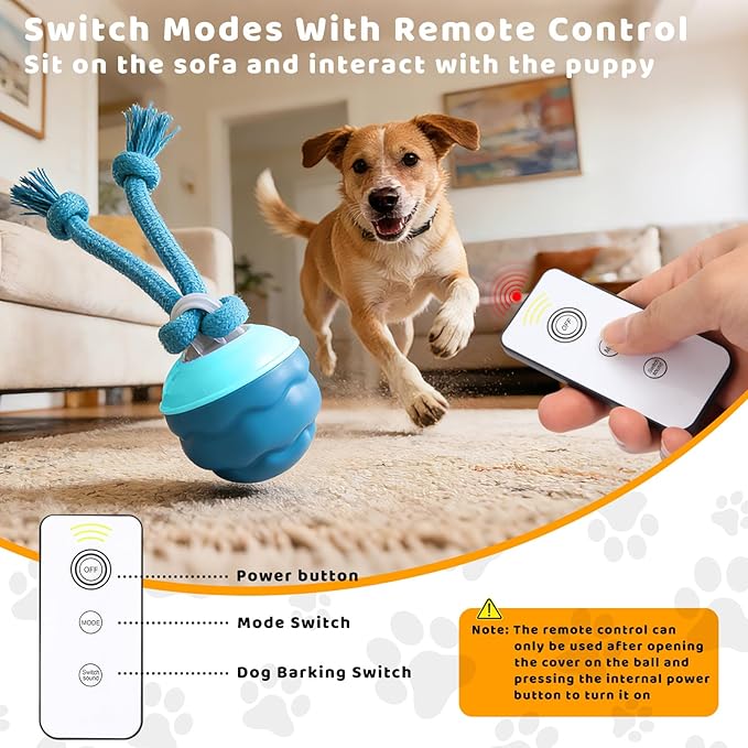 Interactive Dog Toys with Remote Control - 4 Play Modes, Obstacle Avoidance & Replaceable Chew-Resistant Rope, USB Rechargeable Automatic Moving Ball, Mental Stimulation for Small Medium Dogs or Cat