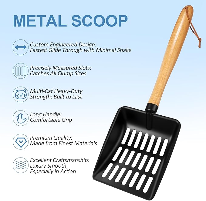Cat Litter Scoop, Metal Litter Scoop, Heavy Duty Metal Cat Scooper for Litter Box, Black Sifter Scoop for Pellets, Wooden Handle Scoop with Hole, Kitty Necessity (Cat Litter Scoop Long with Holder)
