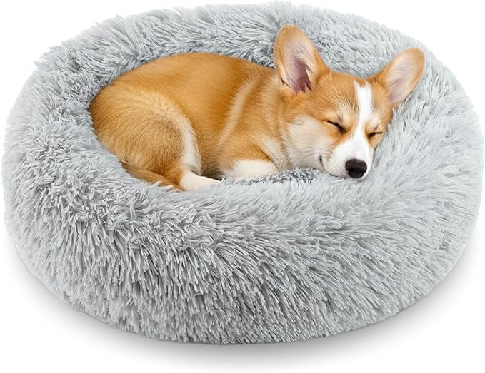 Calming Donut Dog and Cat Bed for Indoor Cats, Anti-Anxiety Round Fluffy Soft Washable Small Medium Pet Bed for Puppy and Kitten, Warming Comfortable Luxury Anti-Slip Waterproof Mute Base 24in Gray