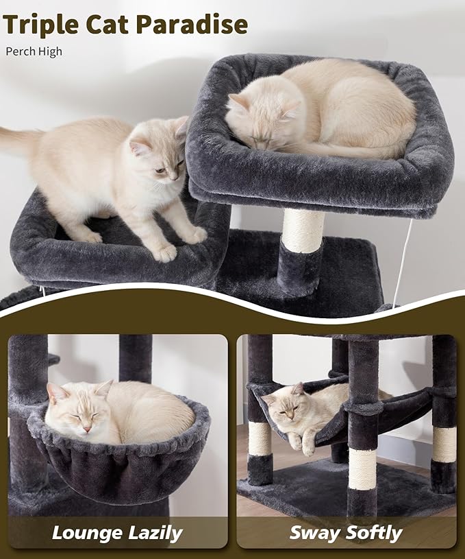 AMHANCIBLE 70 Inch Cat Tree for Large Cats, Multi-Level Cat Tower Condo with 2 Houses & Hammock for Indoor Cats, Tall Heavy Duty Kitty Playhouse, Dark Grey, PT18DG