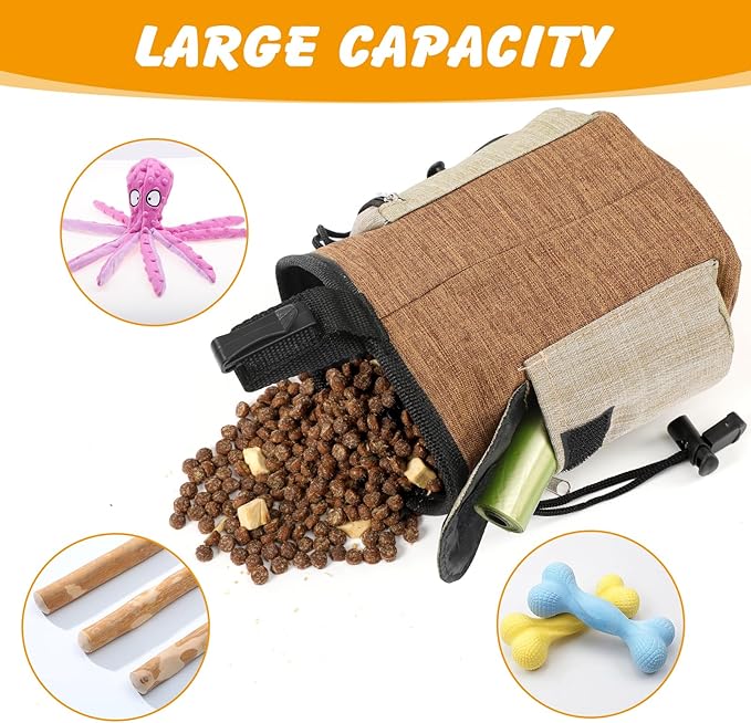 ondware Large Dog Treat Pouch with Adjustable Waist Belt, Waterproof Oxford Training Bag with Drawstring, Clicker & Poop Bags, 3.6 Cup Capacity, Multi-Use Snack Storage for Walking Hiking