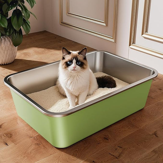 Qiuma Stainless Steel Litter Box, Large Metal Cat Litter Box with High Sided for Big and Small Cats, Non-Stick, Easy to Clean, Odor-Free, 19.5" L×13.6" W×5.9" H, Leaf Green