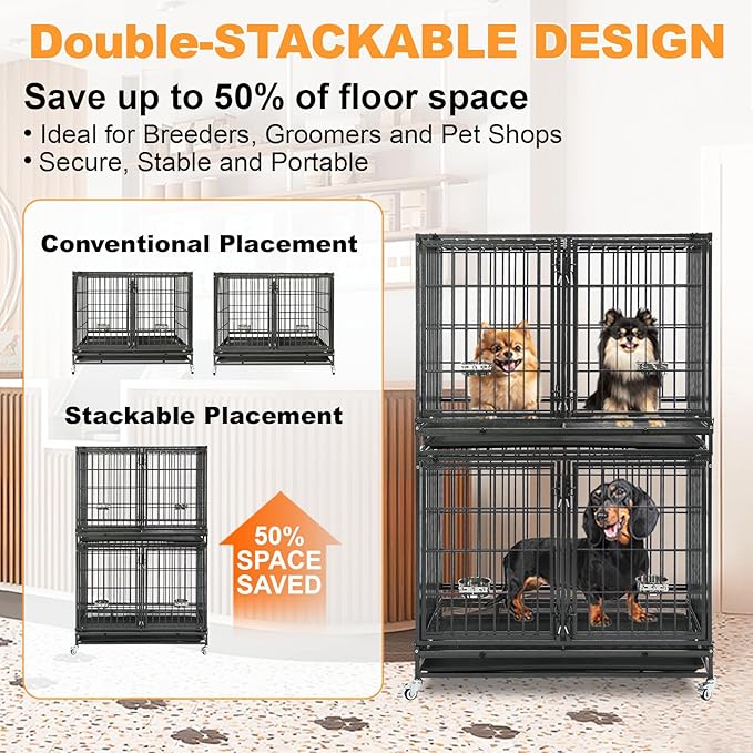 Homey Pet 43 Inch 2 Tiers Dog Crate Cage Kennel with Divider, Stackable Heavy Duty Dog Crate for Large Dogs, Escape Proof Indestructible Dog Kennel Indoor with Removable Tray, Lockable Wheels(2 Packs)