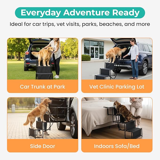 Dog Stairs for Car, Truck & SUV – Foldable Dog Steps for Small & Large Dogs with Anti Slip Surface & Poop Bag Dispenser, Lightweight Dog Ramp Holds Up to 130lbs