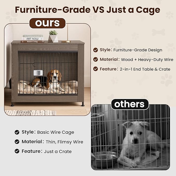 Wooden Dog Crate Furniture, 27in Dog Cage Furniture with Slide Safety Latch, Indoor Decorative End Table for High Anxiety Dogs, Furniture Style Dog Crate for Small to Medium Dogs, Greige