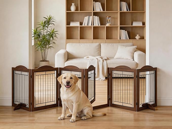 Vantas Folding No-Assembly Dog Door Pet Gate 144" Wide, 30" Tall Wooden Dog Gate with Door Walk Through, Freestanding Wire Pet Gate, Pet Puppy Safety Fence, with 2PCS Support – Brown