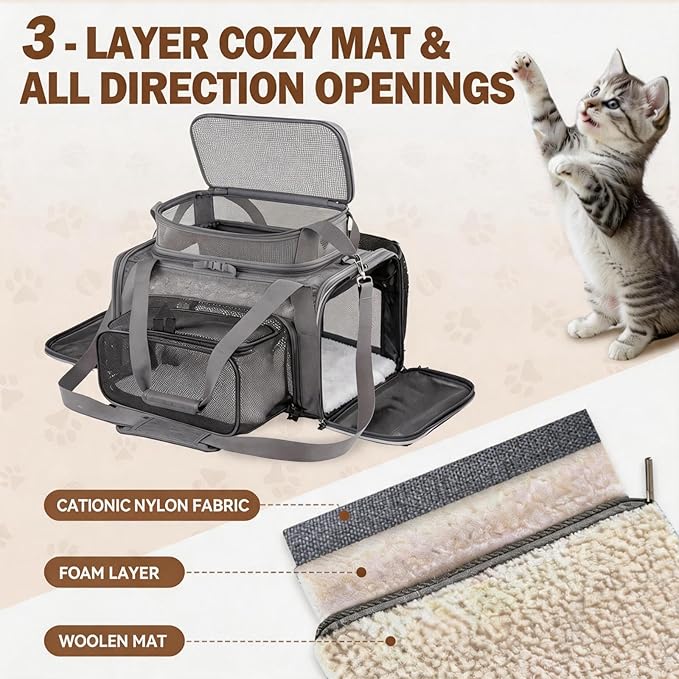 Cat Carrier Soft Sided, Expandable Pet Carrier for Medium Small Pets, Collapsible Travel Carrier with Hard Shell, 360° Panoramic Mesh, Washable Waterproof Pad | – 17.3×13.8×9.4 (Gray)