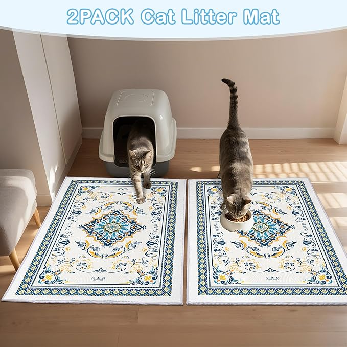 Washable Cat Litter Mat 48"x36" 2Pack with Non-Slip Bottom Waterproof Litter Box Mat Easy to Clean Litter Trapping Mat for Kitty