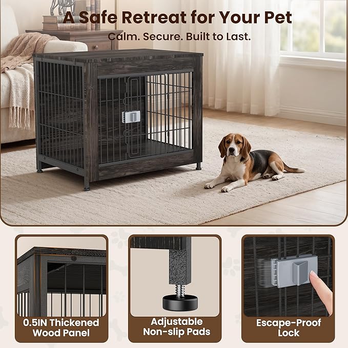 Wooden Dog Crate Furniture, 27in Dog Cage Furniture with Slide Safety Latch, Indoor Decorative End Table for High Anxiety Dogs, Furniture Style Dog Crate for Small to Medium Dogs, Rustic Brown