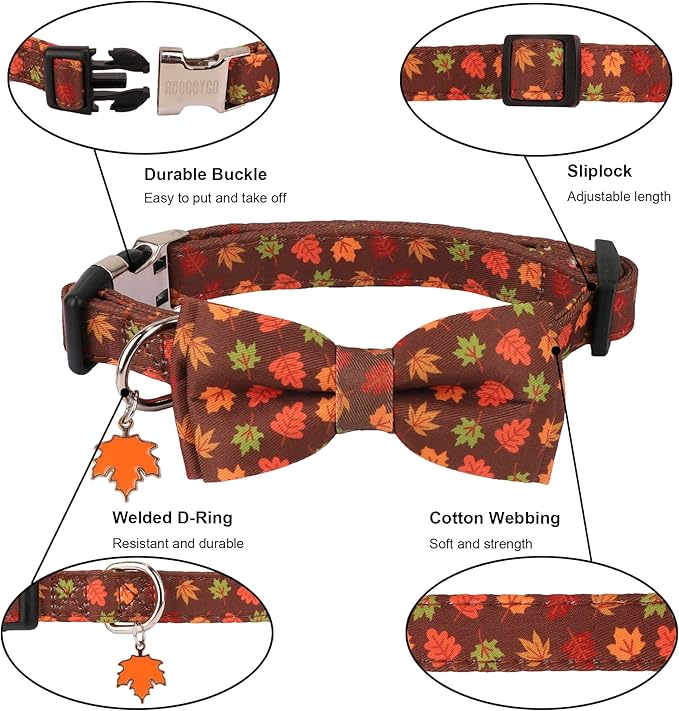 ADOGGYGO Fall Dog Collar with Bowtie, Adjustable, Brown, Maple Leaves Pattern, Halloween Thanksgiving Fall Bow Collars for Small Medium Large Dogs (Large)