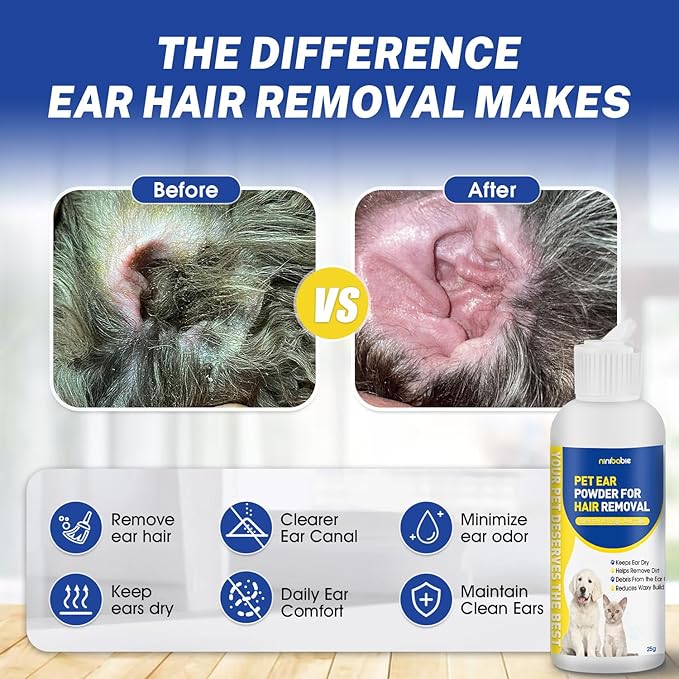 Dog Ear Hair Removal Kit with Ear Powder & 5.5" Curved Locking Forceps – Dog Ear Finger Wipes for Grooming, Helps Remove Excess Ear Hair, Dirt & Moisture, Alcohol-Free Pet Ear Care for Dogs
