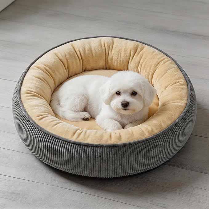Calming Dog Bed for Small Dogs 16"x20" - Washable Donut Pet Bed with Anti-Slip Bottom, Soft Puppy Bed for Indoor Kittens and Cats with Removable Cover (Beige)
