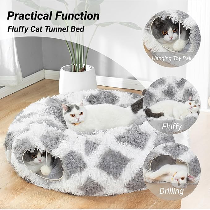 Warm Fluffy Plush Cat Tunnel Bed with Washable Cushion- Big Tube Playground Toys 3 FT Diameter Collapsible, for Indoor Cat Kitty Kitten Puppy Rabbit Ferret Gray-White Diamond Pattern