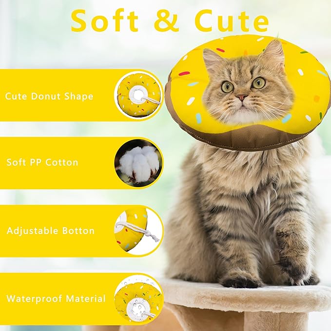 Seyezo Cat Cone Collar Soft, Adjustable Cat Recovery Collar Kitten Cones to Stop Licking, Cute Donut E Collar After Surgery, Cats Neck Pillow Cone Elizabethan Cones of Shame (Waterproof Yellow, Small)