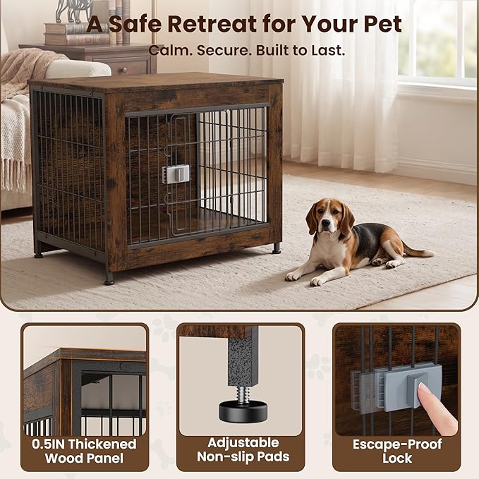 Wooden Dog Crate Furniture, 27in Dog Cage Furniture with Slide Safety Latch, Indoor Decorative End Table for High Anxiety Dogs, Furniture Style Dog Crate for Small to Medium Dogs, Aged Black