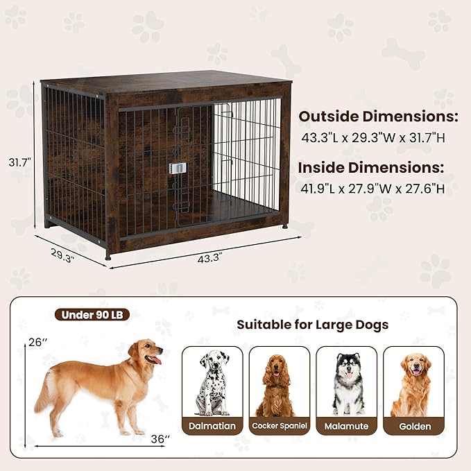 Wooden Dog Crate Furniture, 43in Dog Cage Furniture with Safety Latch, Indoor Decorative End Table for High Anxiety Dogs, Furniture Style Dog Crate for Large Dogs, Aged Black