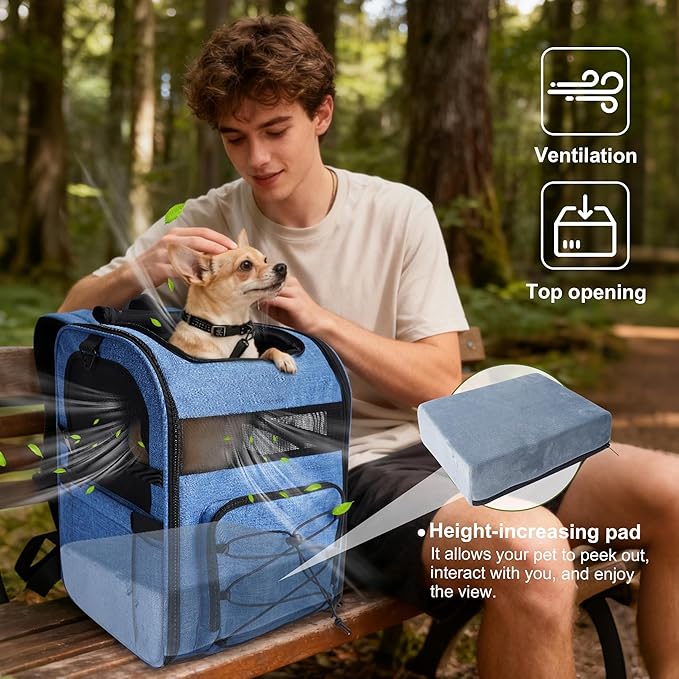 Dog Carrier Backpack for Small Dogs - Breathable Mesh Hiking Bag with Safety Buckle, Adjustable Straps and Elevated Pad - Durable for Hiking (Fits Small Cats Too, Up to 17lbs, Blue)
