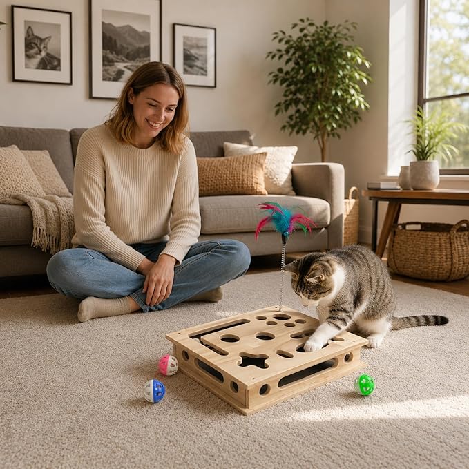 Large Cat Nail File Box for Cats, Wooden Cat Scratch Puzzle Enrichment Box with Sandpaper Liner, Feather Wand & 3 Balls, Interactive Cat Toy for Indoor Cats