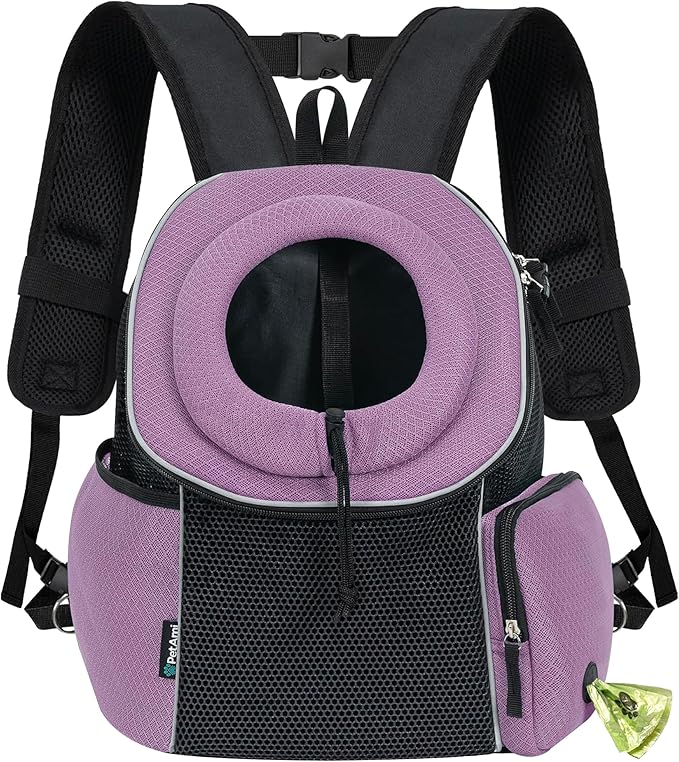 PetAmi Dog Carrier Backpack, Hands Free Front Pet Carrier for Small Cats Puppies, Adjustable Ventilated Reflective Pet Travel Bag for Hiking Camping Biking Walking, Up to 10 lbs, Purple