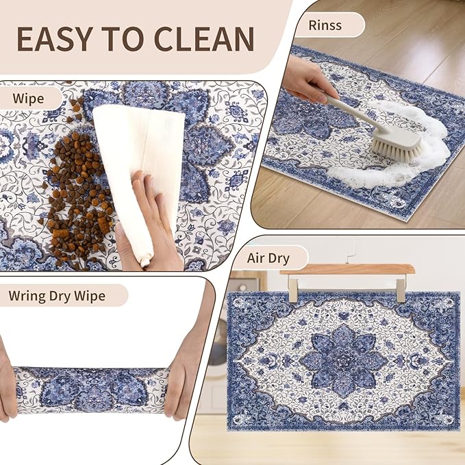 Boho Dog Feeding Mat, Absorbent Cat Matt for Food, Non Slip Pet Water Bowl Placemat Small for Floor, Cream & Dark Blue Indoor Dog Eating Dish Mat 12"x20"
