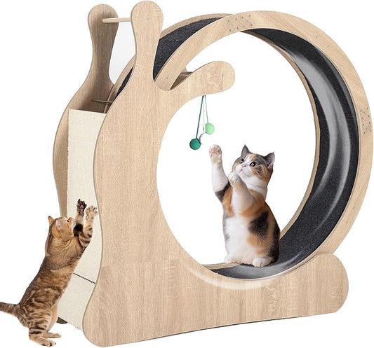 Cat Exercise Wheel,45" Wooden Cat Treadmill with TPE Silent Rollers, Indoor Running Wheel with Interactive Toys, Sisal Scratching Pad & Storage Shelf, Safe Narrow Gap for Large Cats