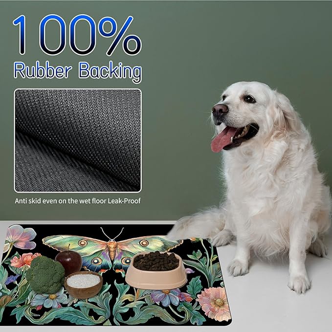 Dog Food Mat, 15.7" x 23.6" Absorbent Pet Feeding Mat for Food and Water, Waterproof Diatom Mud Pet Placemat with Non-Slip Rubber Backing, Cat Bowl Mat for Floors - Green Butterfly Leaf
