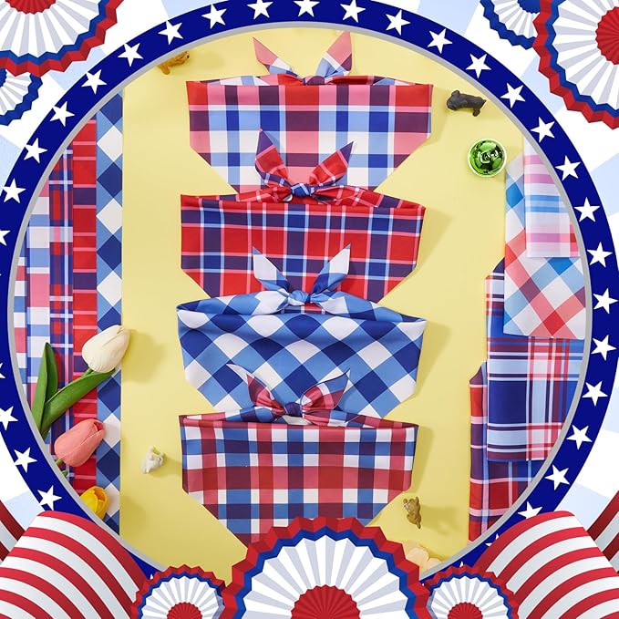Abbylike 50 Pcs Patriotic Plaid Dog Bandanas Bulk 4th of July Bandanas for Dogs Triangle Kerchief Bib Scarf Set for Pet Independence Day 250th Anniversary Party Costume, 25 Styles(31.5 x 21.7 x 21.7)