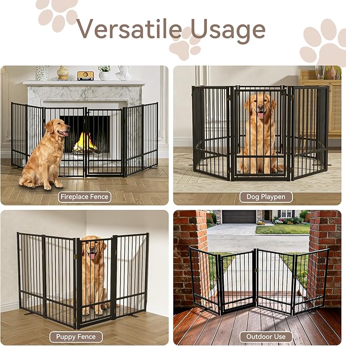 SNUOWU Full Metal Freestanding Dog Gate with Door, 32''Height Foldable Pet Dog Fence for Indoor & Outdoor, 4 Panels Extra Wide Free Standing TallDog Gates for Doorways,House,Stairs,Porch,Deck,Yard