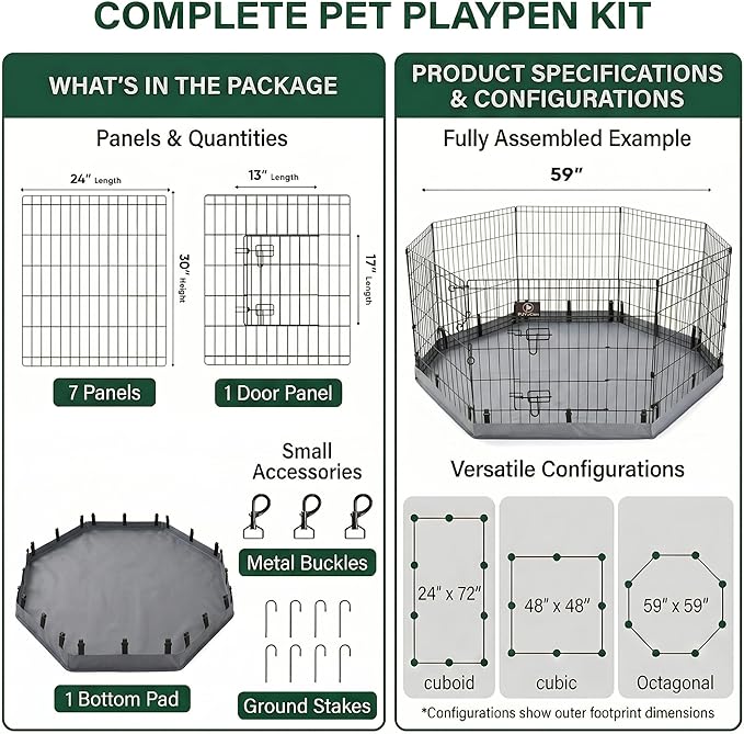 PJYuCien Octagonal Dog Playpen with Bottom Pad - Metal Foldable Exercise Pen, 8 Panels 30" H x 24" W Indoor Outdoor Pet Fence Puppy Crate Kennel, Gray