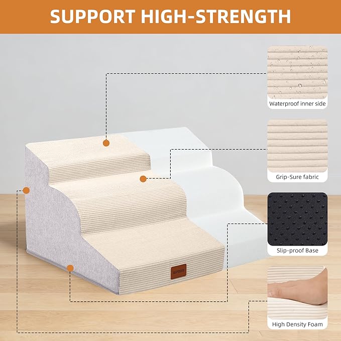 Dog Stairs for Small Dogs and Cats, 15.7" H, 3-Step Curved Pet Ramp for Couch Sofa and Chair, Non-Slip Medium Pet Steps with High Density Foam, Beige