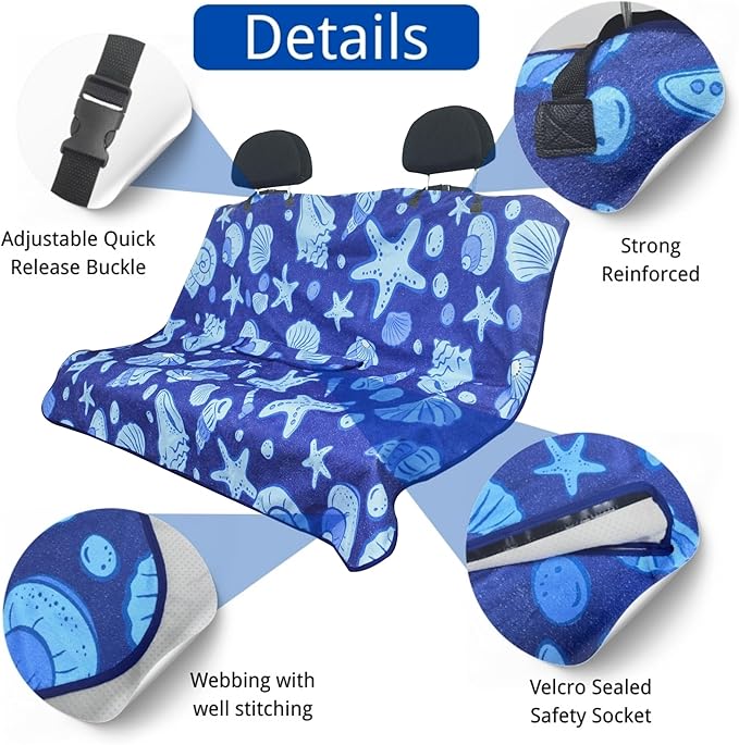Waterproof Back Seat Cover for Dogs and Kids, Car Seat Protector Under Baby Car Seat, Child and Dog Car Seat Cover Blanket for Rear Bench(Conch Shells Starfish, Rear Bench Seat Towel)