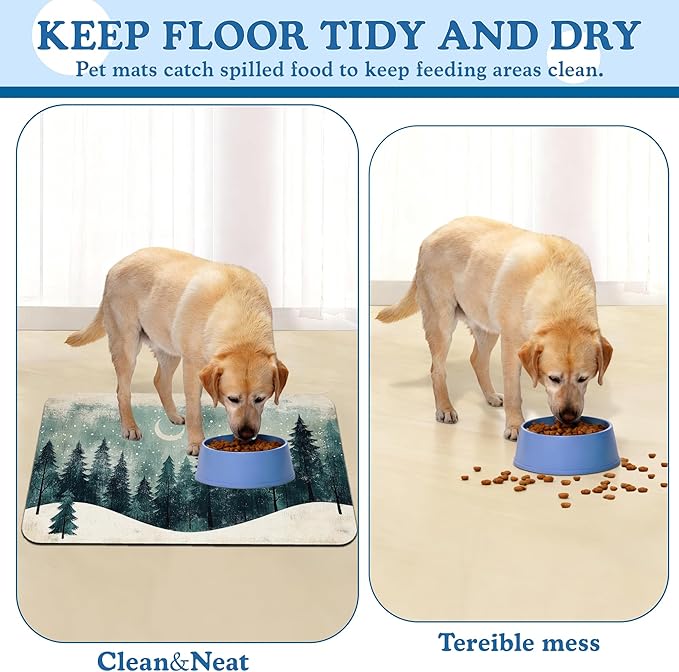 Mysty Winter Fores Pet Feeding Mat–Quick Dry Absorbent Dog Cat Food Mat, Non Slip Waterproof Bowl Placemat for Messy Eaters, Pet Accessories for Floors 12"x20"