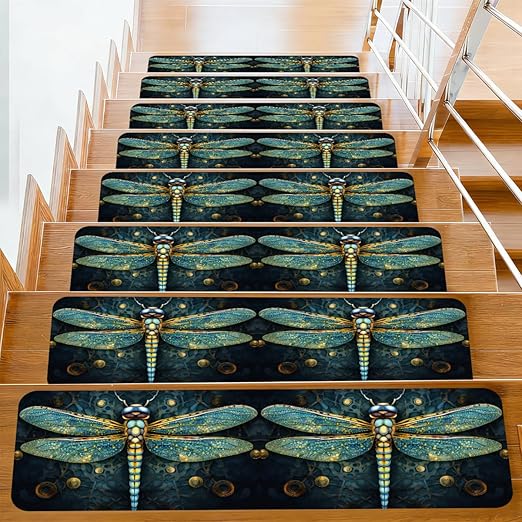 Animal Ethnic Dragonfly Stair Treads for Wooden Steps Indoor Washable Staircase Carpet 15PCS 30"x7.8" Stair Step Treads Non-Slip Staircase Covers Peel and Stick Safety Mat for Kids Elders Pets