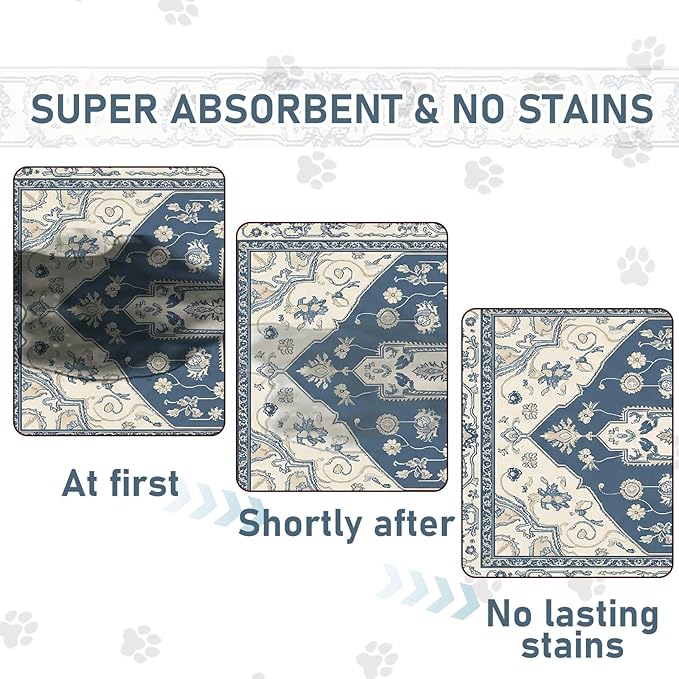Pet Mats for Food and Water, Vintage Blue Boho Dog Food Mat for Floors, Non Slip Indoor Quick Dry Cat Bowl Feeding Mats (11.8” X19.7”)