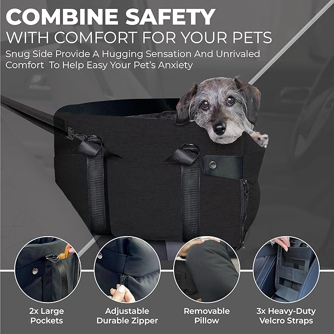 Center Console Dog Car Seat for Small Dogs and Puppies 5-13Lbs, Ideal Armrest Booster Car Travel Seat with Safety Protection Seat Belts, Storage Pockets - Reduces Anxiety (Black:)