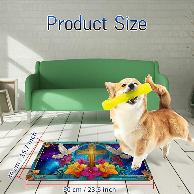 Dog Food Mat, 15.7" x 23.6" Absorbent Pet Feeding Mat for Food and Water, Waterproof Diatom Mud Pet Placemat with Non-Slip Rubber Backing, Cat Bowl Mat for Floors - White Dove Flower