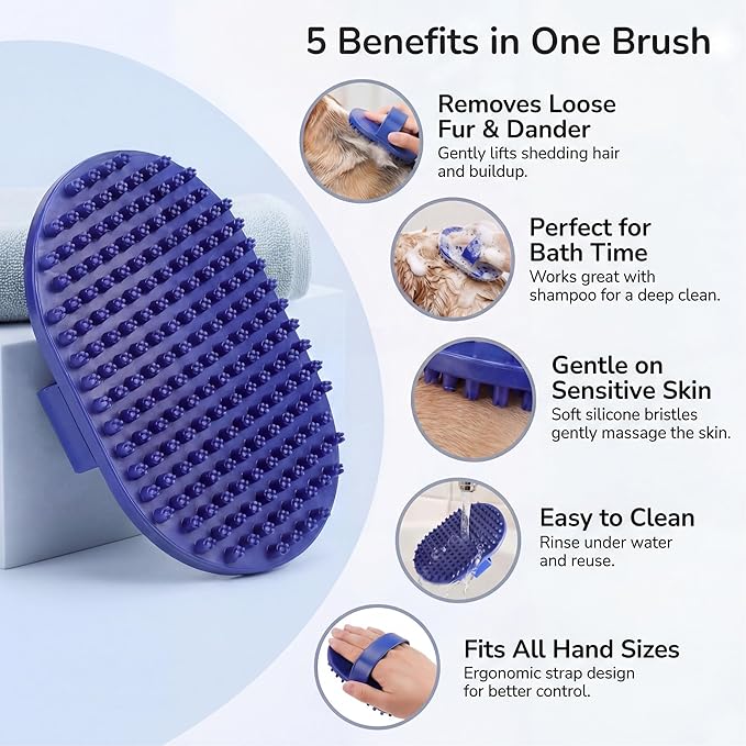Pets&Goods Rubber Grooming Brush for Dogs & Cats - Gentle Deshedding Bath Brush for Short & Medium Hair - Soft Bristles, Anti-Slip Grip, Easy to Clean