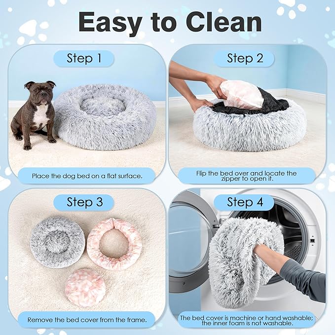 Donut Dog Bed, 31 inches Round Dog Bed with Removable Washable Cover & Foam Filling for Small Medium Dogs and Cats,Cute Pet Bed with Comfort Fluffy Plush Fur & Anti Slip Bottom，Grey