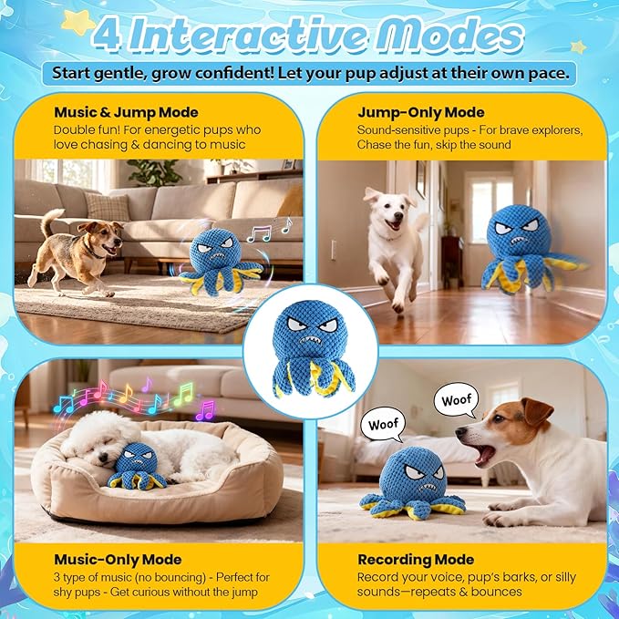 Interactive Dog Toys Octopus - Moving Dog Toys to Keep Them Busy, Rechargeable Automatic Music Bouncing Ball with 4 Play Modes, Squeaky Crinkle Plush Chew Toy for Small Medium Large Dogs