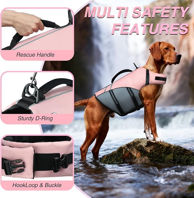 VIVAGLORY Sports Style Dog Life Vest, Dog Life Jacket for Swimming & Boating, Ripstop & Buoyancy for Puppy Doggy, Lifejacket with Handle, XL, Sakura Pink